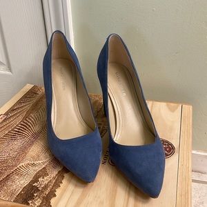 Slate blue Marc Fisher “ZALA” block heel brushed suede pointy toe pumps